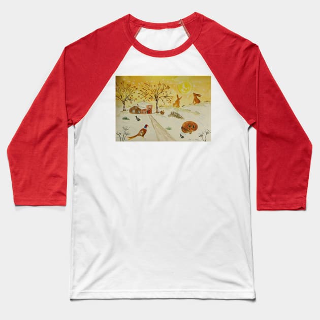 Fox, Hares and Pheasant in the Snow and Sun Baseball T-Shirt by Casimirasquirkyart